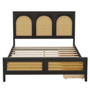 Full Size Wood Storage Platform Bed with 2 Drawers, Rattan Headboard and Footboard, Black