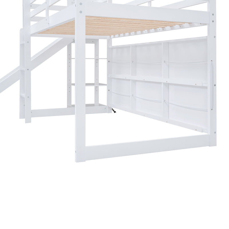 House Loft Bed With Slide, Storage Shelves And Light, Climbing Ramp