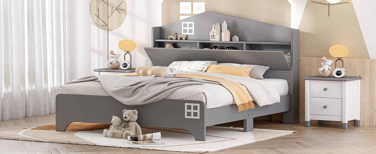Wooden Full Size House Bed with Storage Headboard ,Kids Bed with Storage Shelf,Grey - Atlantic Fine Furniture Melbourne FL