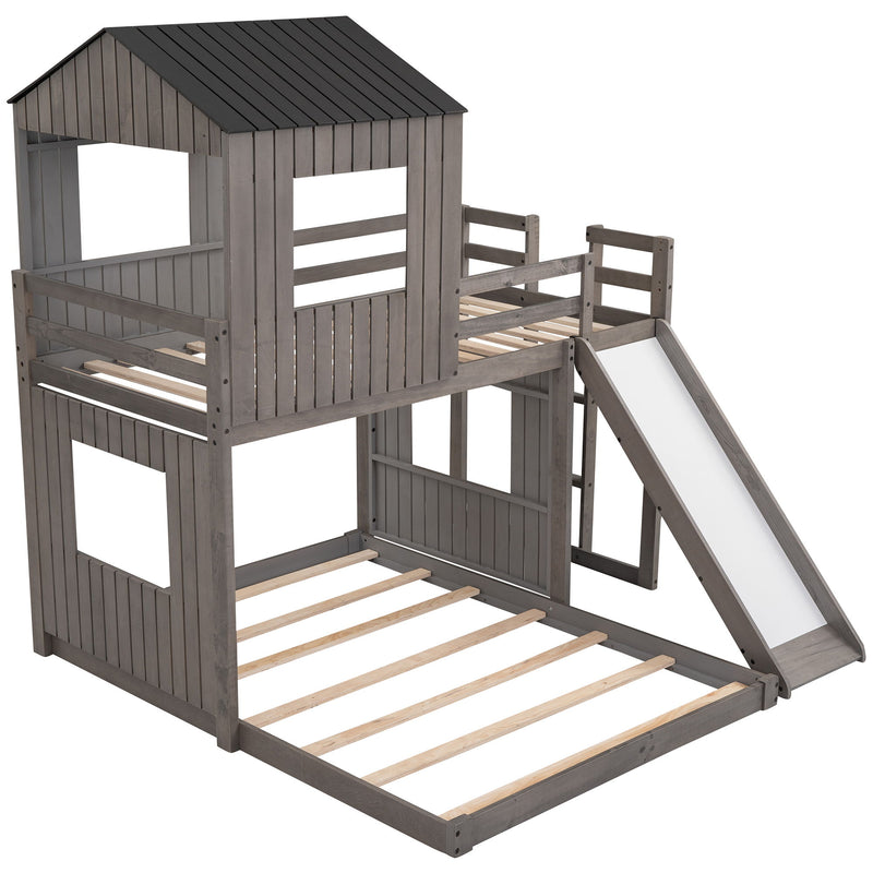 Loft Bunk Bed With Playhouse, Farmhouse, Ladder, Slide And Guardrails