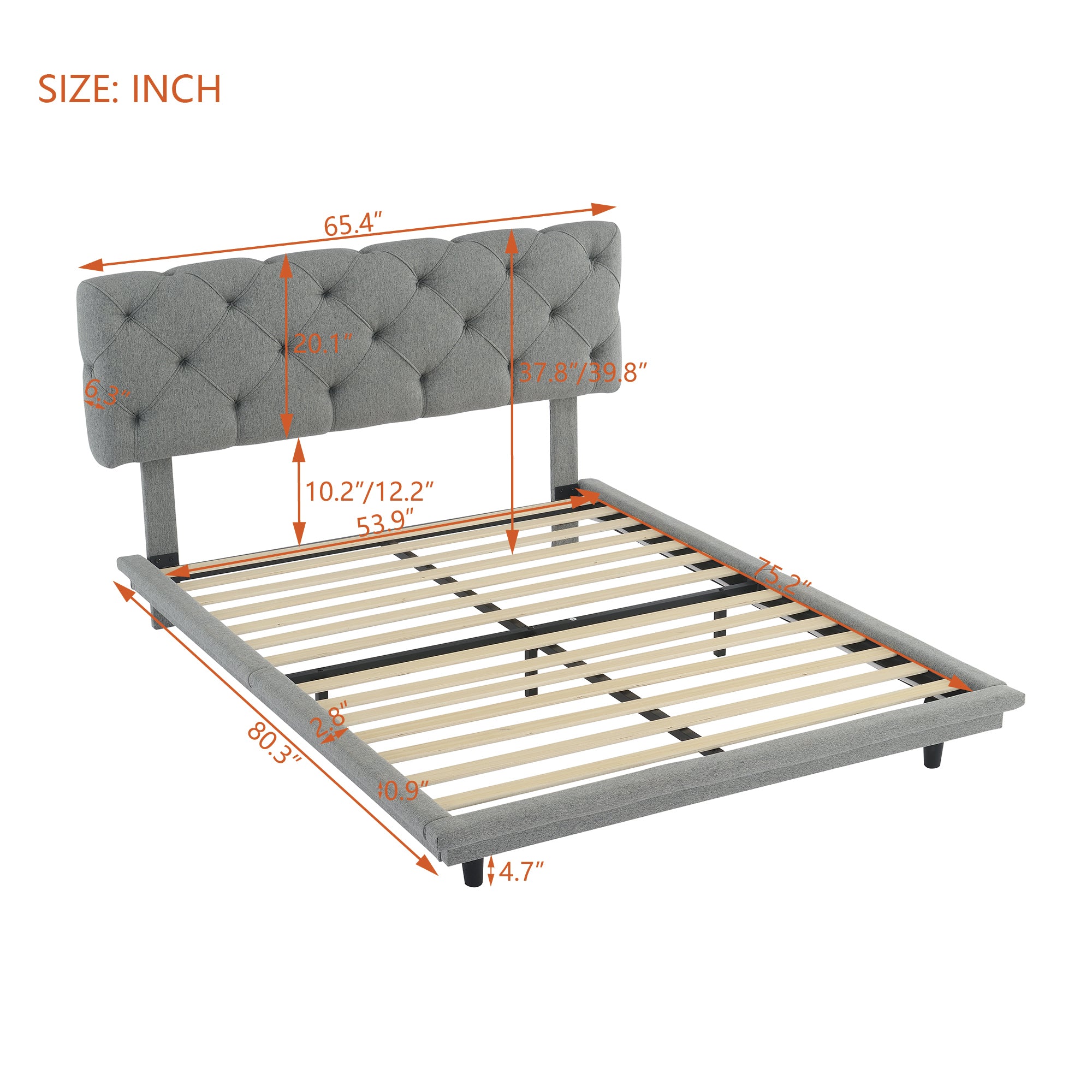 Full Size Upholstered Bed with Light Stripe, Floating Platform Bed, Linen Fabric,Gray - Atlantic Fine Furniture Melbourne FL