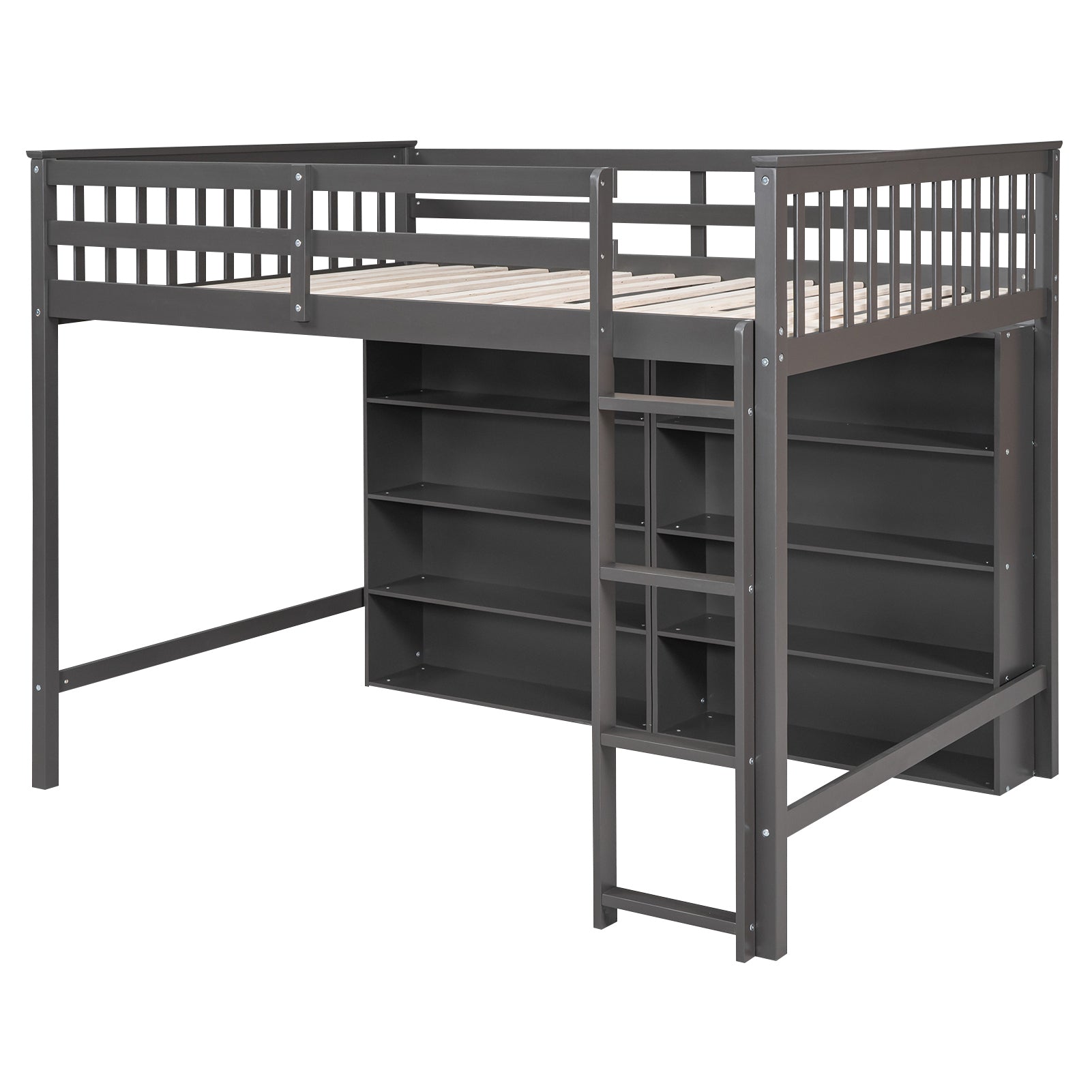 Full Size Loft Bed with 8 Open Storage Shelves and Built-in Ladder, Gray - Atlantic Fine Furniture Melbourne FL