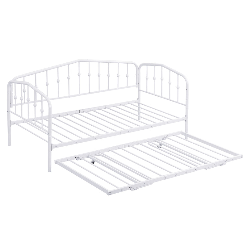 Twin Size Stylish Metal Daybed with Twin Size Adjustable Trundle, Portable Folding Trundle, White