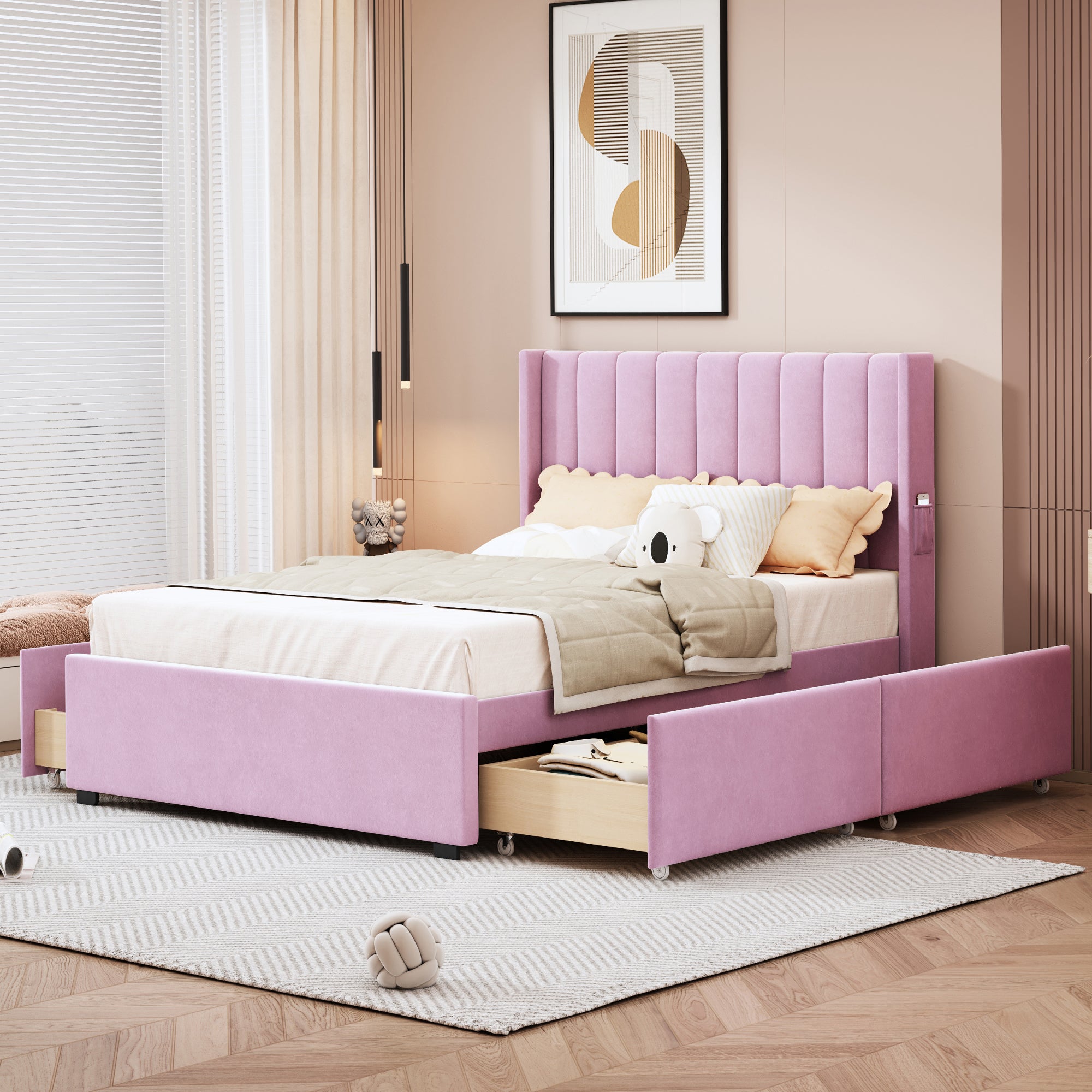 Full Size Upholstered Bed with 4 Drawers, Pink - Atlantic Fine Furniture Melbourne FL