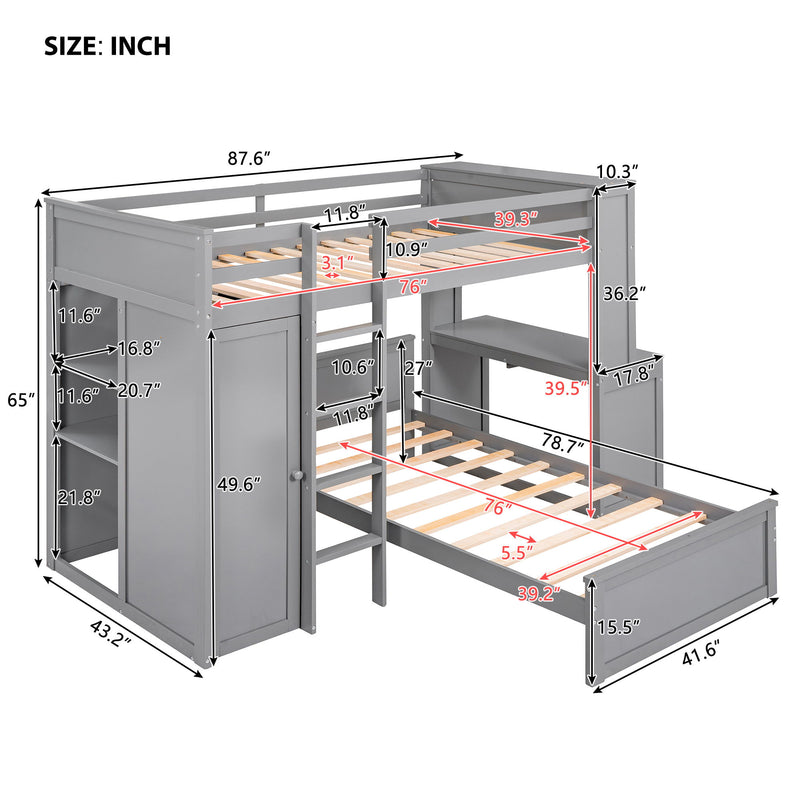 Loft Bed With A Stand Alone Bed, Shelves, Desk, And Wardrobe
