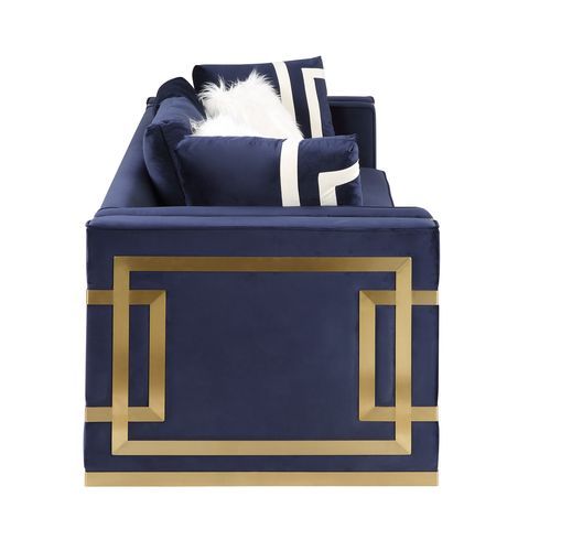 Virrux - Loveseat With 4 Pillows - Blue Velvet & Gold