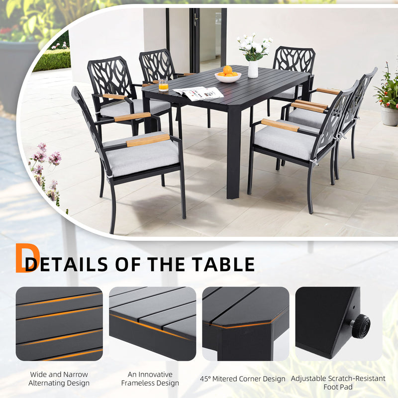 Modern Outdoor Table With Alternating Wide And Narrow Slats, Angled Corners, 2" Big Umbrella Hole, And Adjustable Non Slip Pads - Bourbon Brown