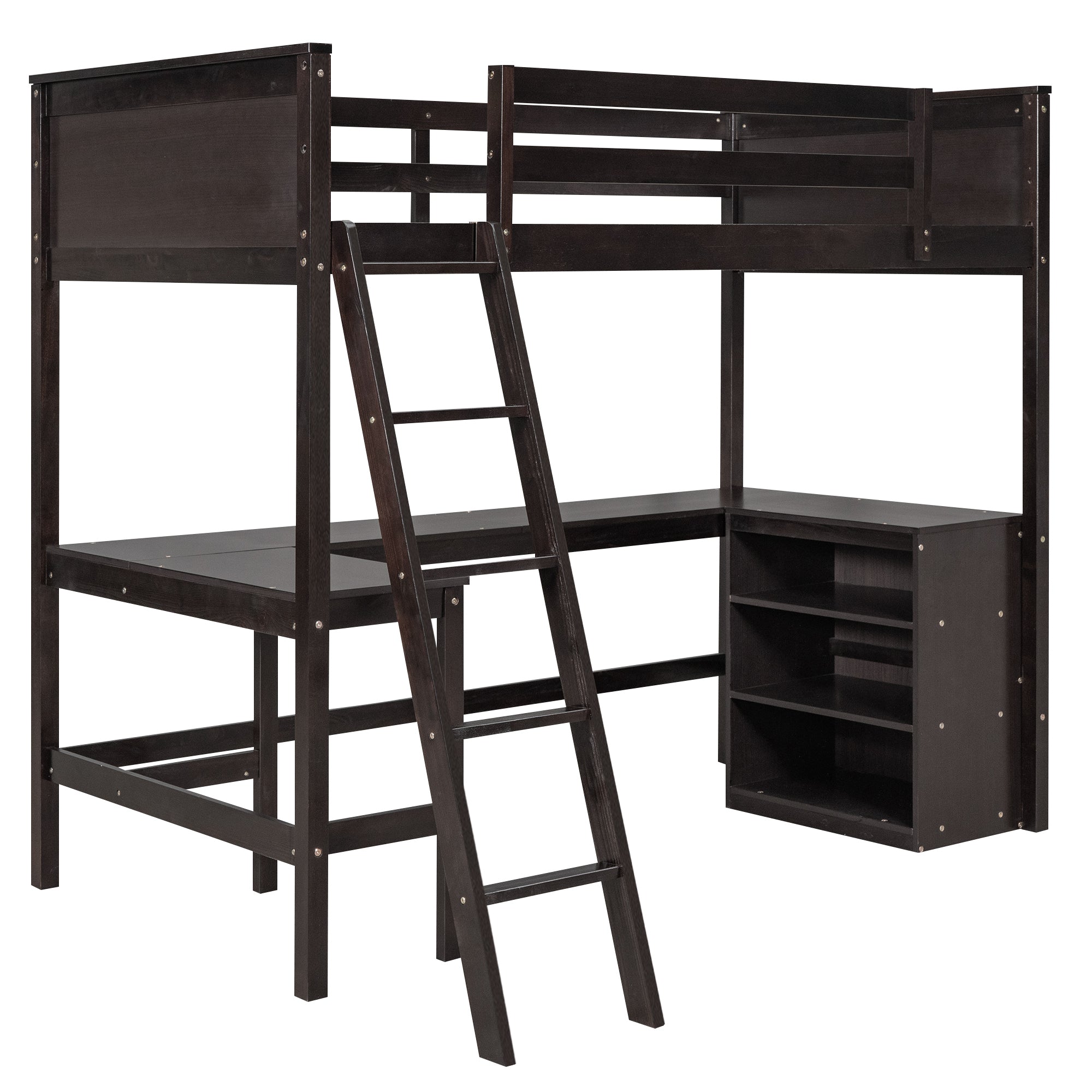 Twin size Loft Bed with Shelves and Desk, Wooden Loft Bed with Desk - Espresso(OLD SKU:LT000537AAP) - Atlantic Fine Furniture Melbourne FL