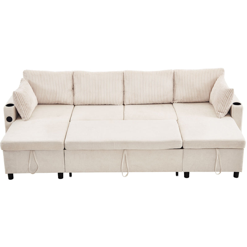Sectional Sofa Bed With Pull Out Sleeper, USB Ports, Cup Holders