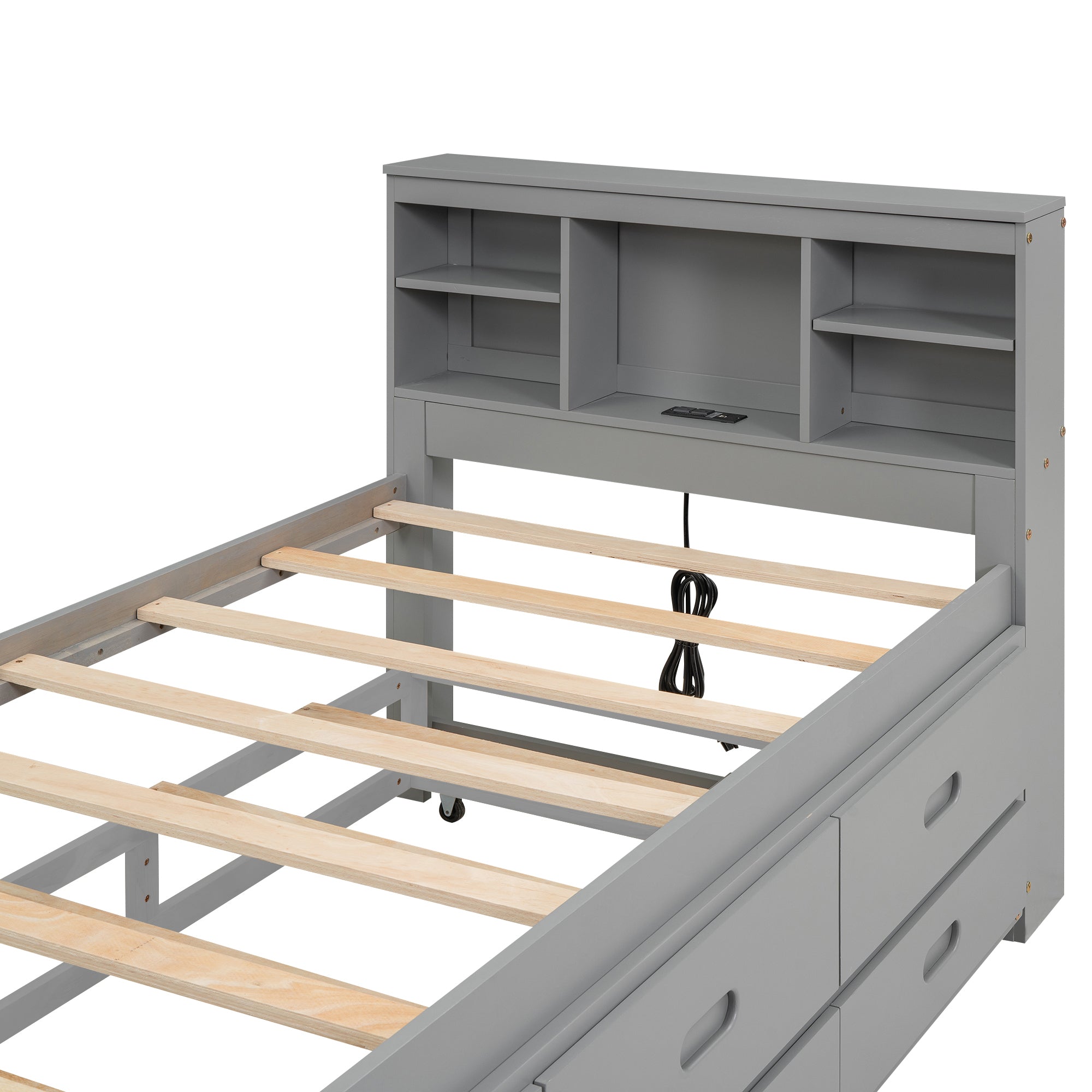 Twin Size Platform Bed with Storage Headboard, USB, Twin Size Trundle and 3 Drawers, Gray - Atlantic Fine Furniture Melbourne FL