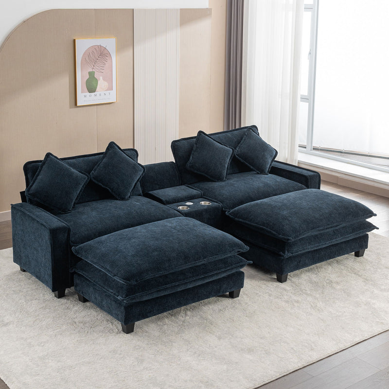 Sectional Sofa Chenille Upholstered Sofa With Two Removable Ottoman, Two USB Ports, Two Cup Holders And Large Storage Box For Living Room