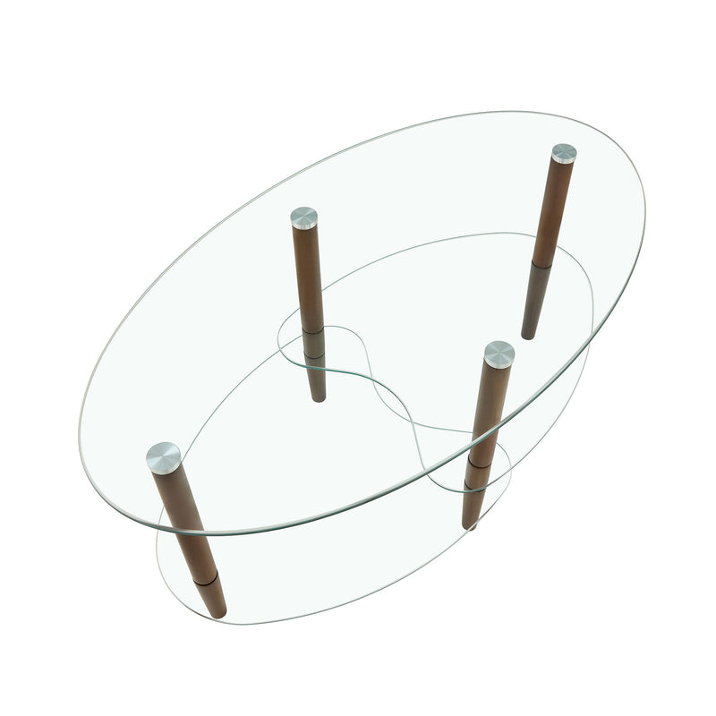 Transparent Oval Glass Coffee Table, Modern Table In Living Room Oak Wood Leg Tea Table 3-Layer Glass Table