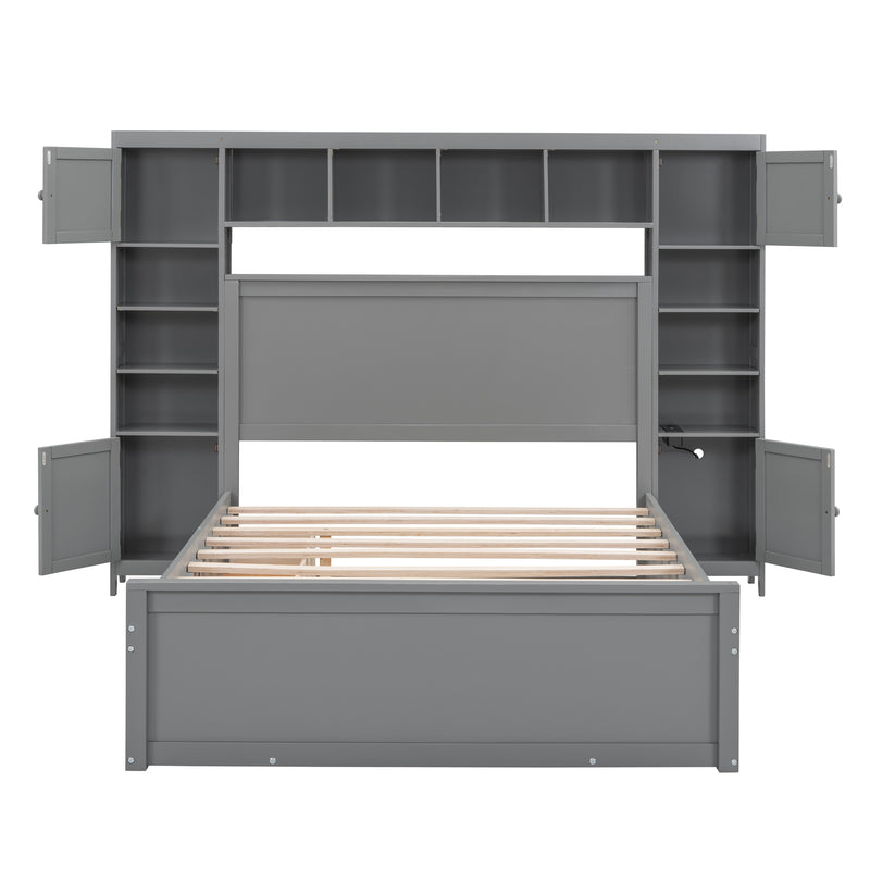 Full Size Wooden Bed With All-in-One Cabinet, Shelf and Sockets, Gray