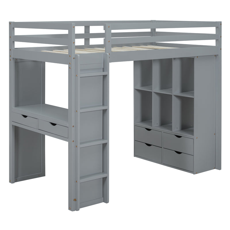 Full Size Loft Bed with large shelves, writing desk and LED Light, Gray