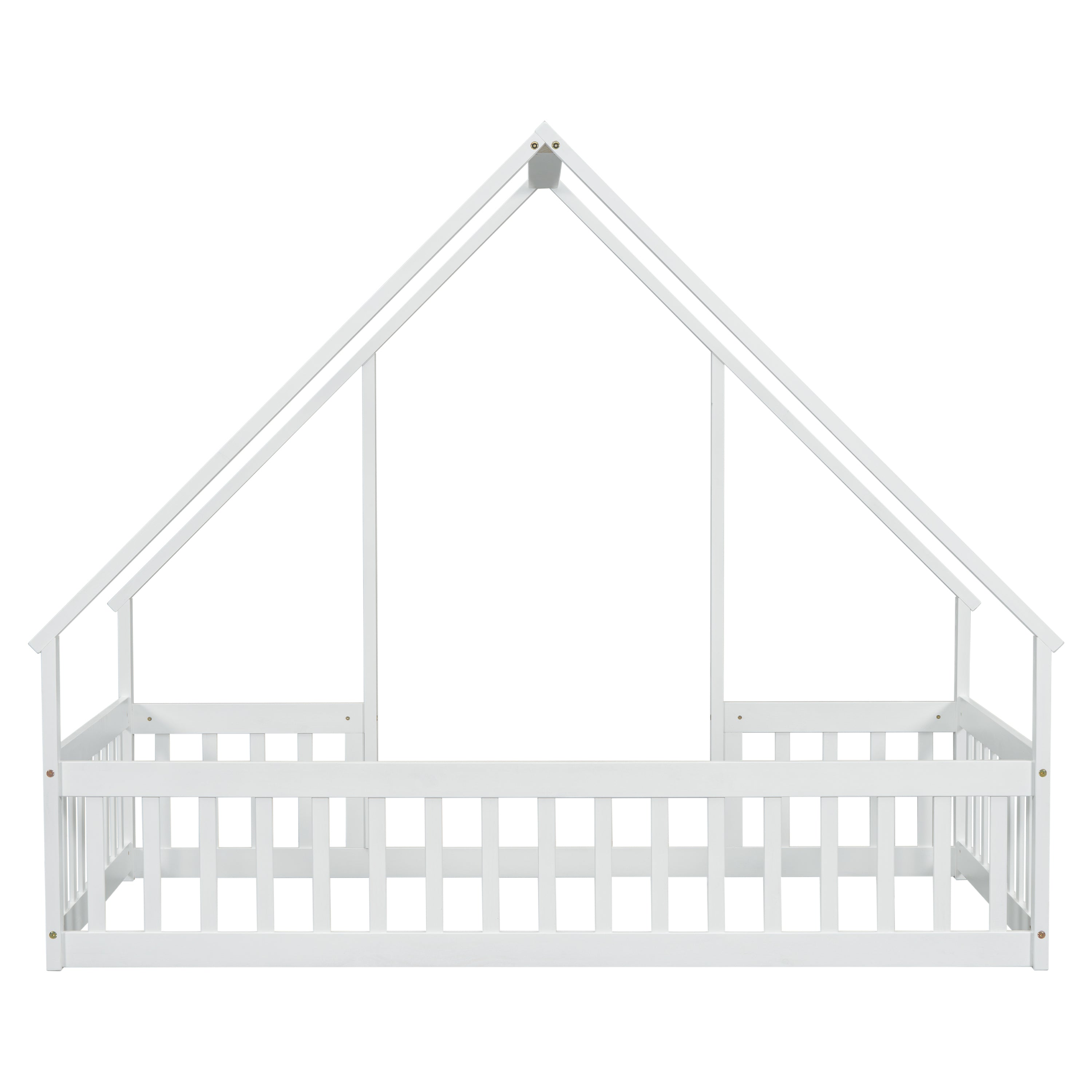 Twin Wood House-Shaped Floor Bed with Fence, Guardrails ,White