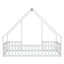 Twin Wood House-Shaped Floor Bed with Fence, Guardrails ,White