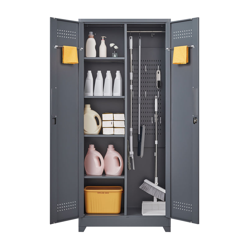 Metal Storage Cabinets, Cleaning Tool Cabinet With Locking Door, Tall Broom Tool Organizer And Storage, Large Storage Cabinet For Kitchen