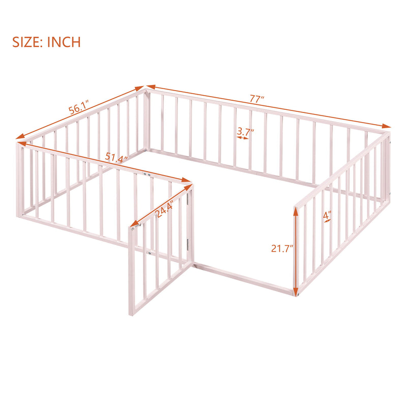 Metal Floor Bed Frame With Fence And Door - Black