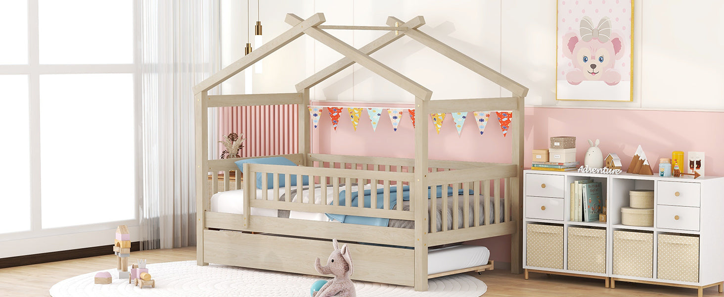 Twin Size Wooden House Bed with Twin Size Trundle, Natural - Atlantic Fine Furniture Melbourne FL