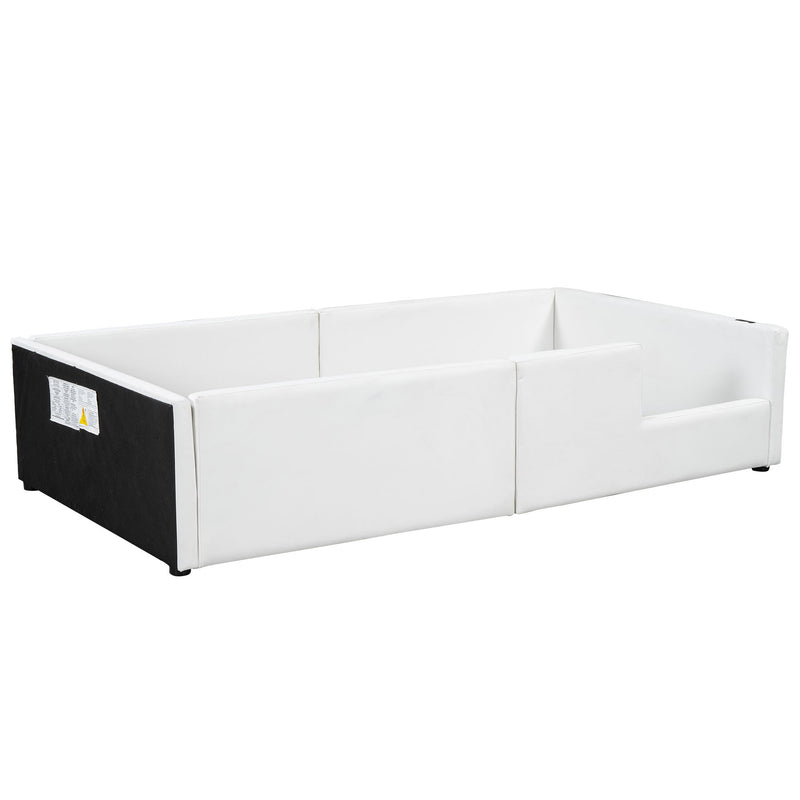 Twin Size Upholstered Platform Bed With Guardrail And Charging Station - White