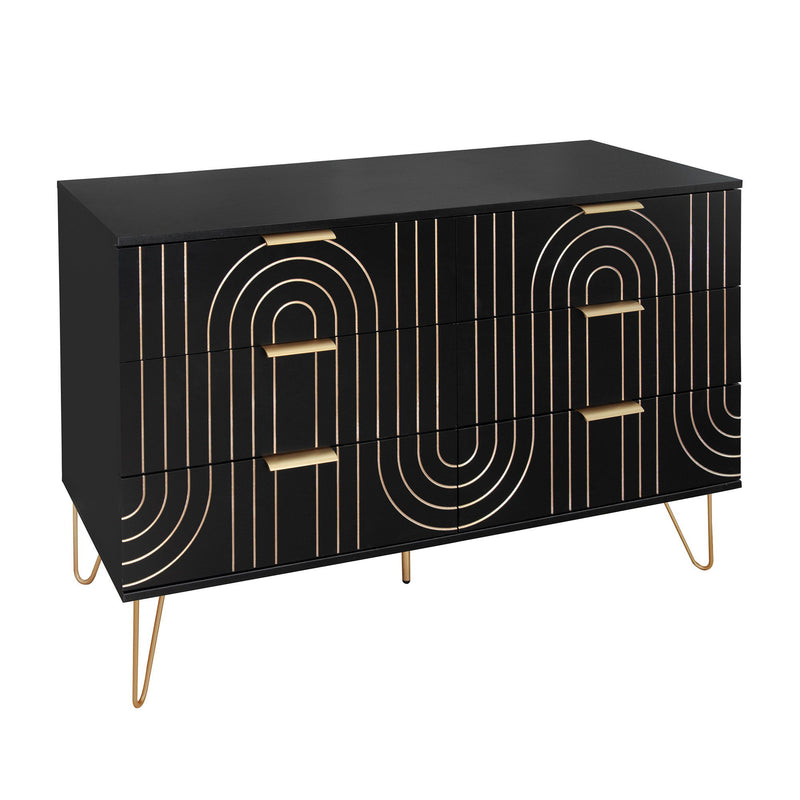 Modern 6 Drawer Dresser, Modern Dresser With Metal Handles, Storage Chest Of Drawer, Wide Dresser Drawer Organizers With Carving Design For Bedroom, Living Room, Hallway - Black