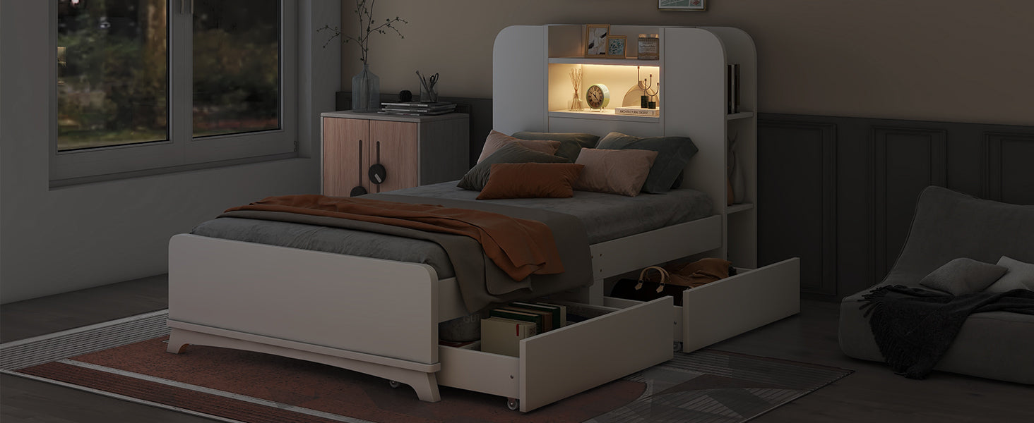 Twin Size Storage Platform Bed Frame with with Two Drawers and Light Strip Design in Headboard,White - Atlantic Fine Furniture Melbourne FL