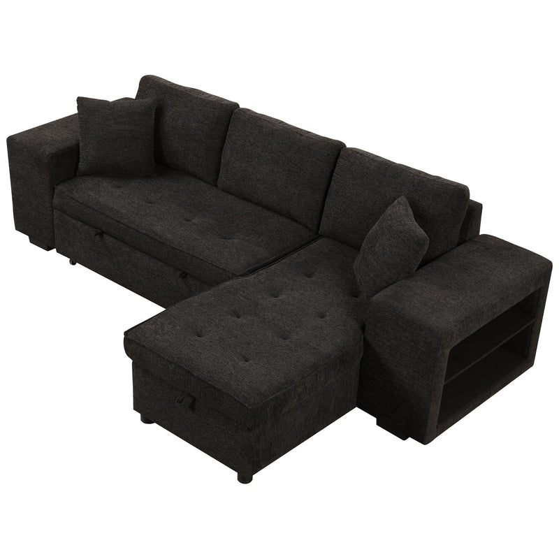 Modern L-Shape 3 Seat Reversible Sectional Couch, Pull Out Sleeper Sofa With Storage Chaise And 2 Stools For Living Room Furniture Set