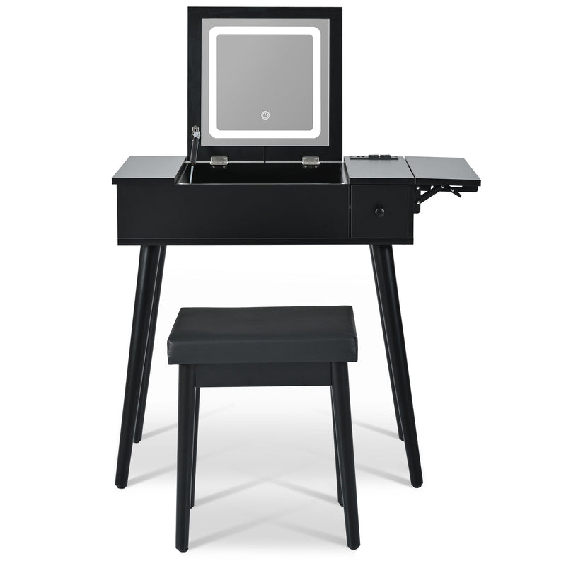 Makeup Vanity Desk With Flip Top Mirror And LED Light, Dressing Table With Charging Station, 2 Drawers And Fold Up Panel, Vanity Set With Cushioned Stool For Bedroom - Black