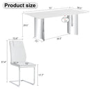 Table and chair set, modern and minimalist dining table. Imitation marble glass sticker desktop, stainless steel legs, stable and beautiful. Comfortable PU seats. DT-69