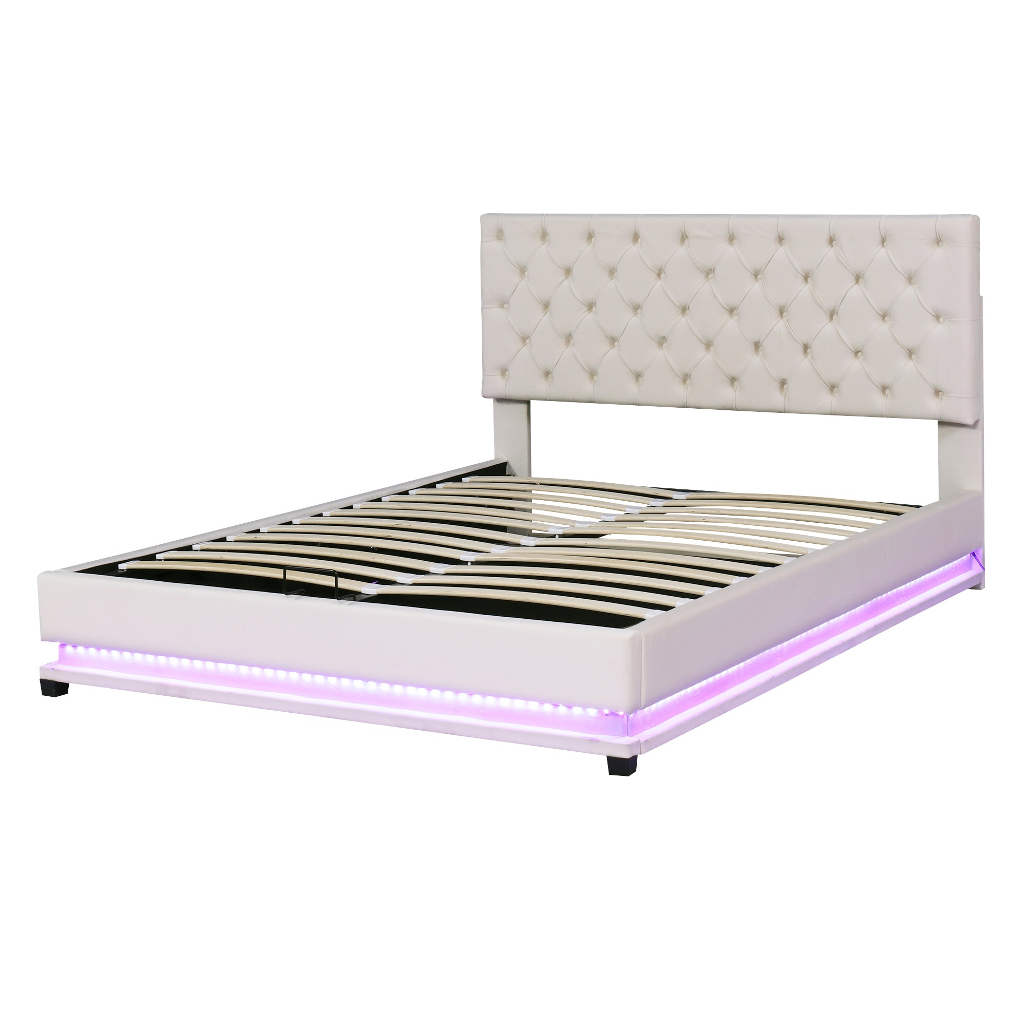Queen Size Storage Upholstered Platform Bed with Adjustable Tufted Headboard and LED Light, Beige - Atlantic Fine Furniture Melbourne FL