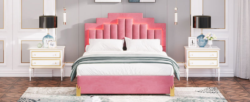 Queen Size Upholstered Platform Bed With LED Lights And 4 Drawers, Stylish Irregular Metal Bed Legs Design - Pink