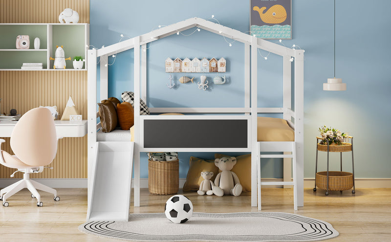 Loft House Bed With Ladder And Slide, With Blackboard And Light Strip On The Roof