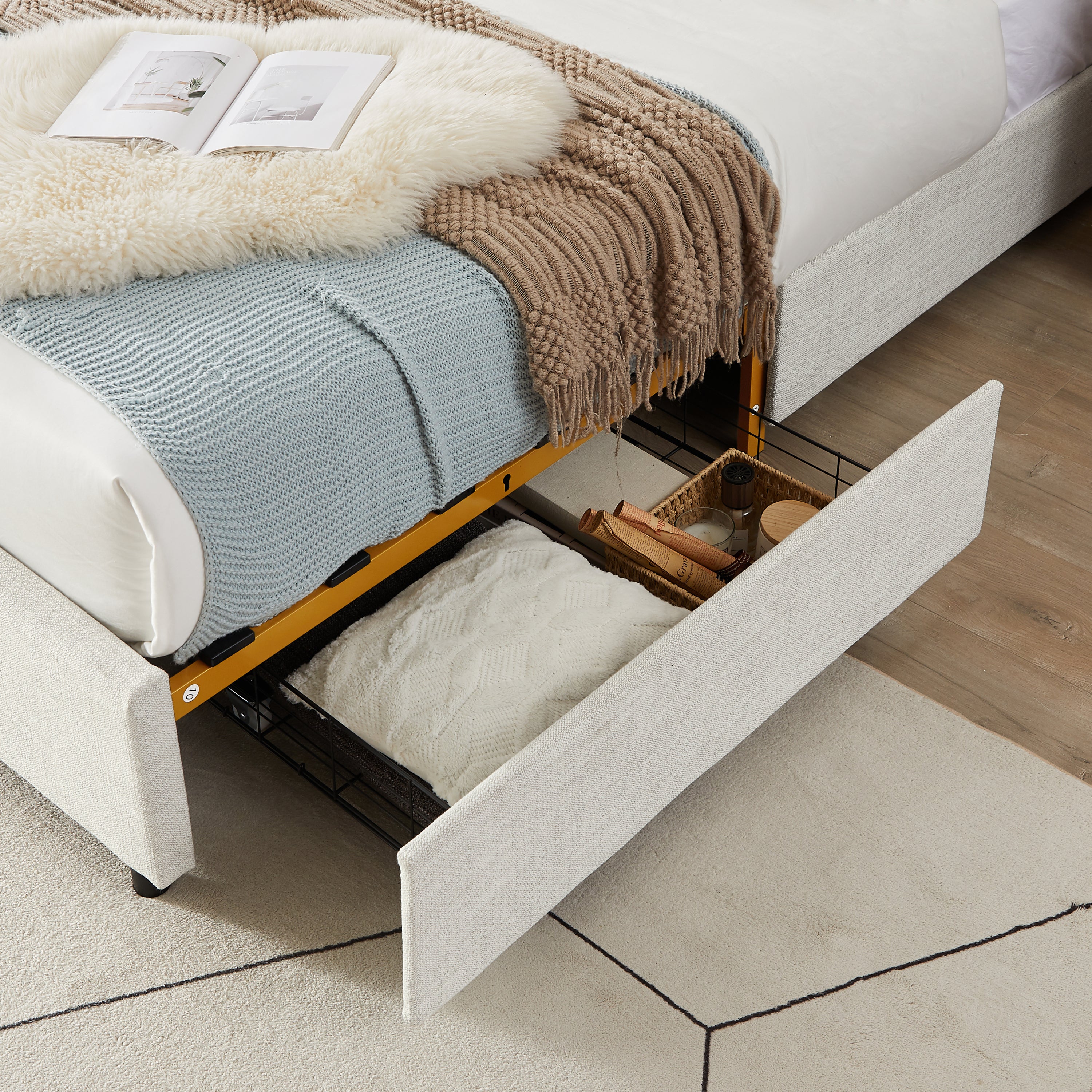 Classic steamed bread shaped backrest, metal frame, solid wood ribs, with four storage drawers, sponge soft bag, comfortable and elegant atmosphere, light gray, Full- size, F sleeping bed - Atlantic Fine Furniture Melbourne FL