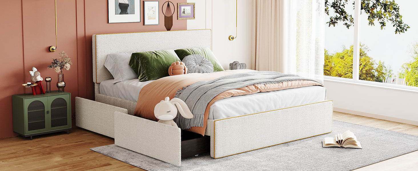 Queen Size Upholstered Platform Bed with 4 Drawers and Golden Edge on the Headboard & Footboard, White - Atlantic Fine Furniture Melbourne FL