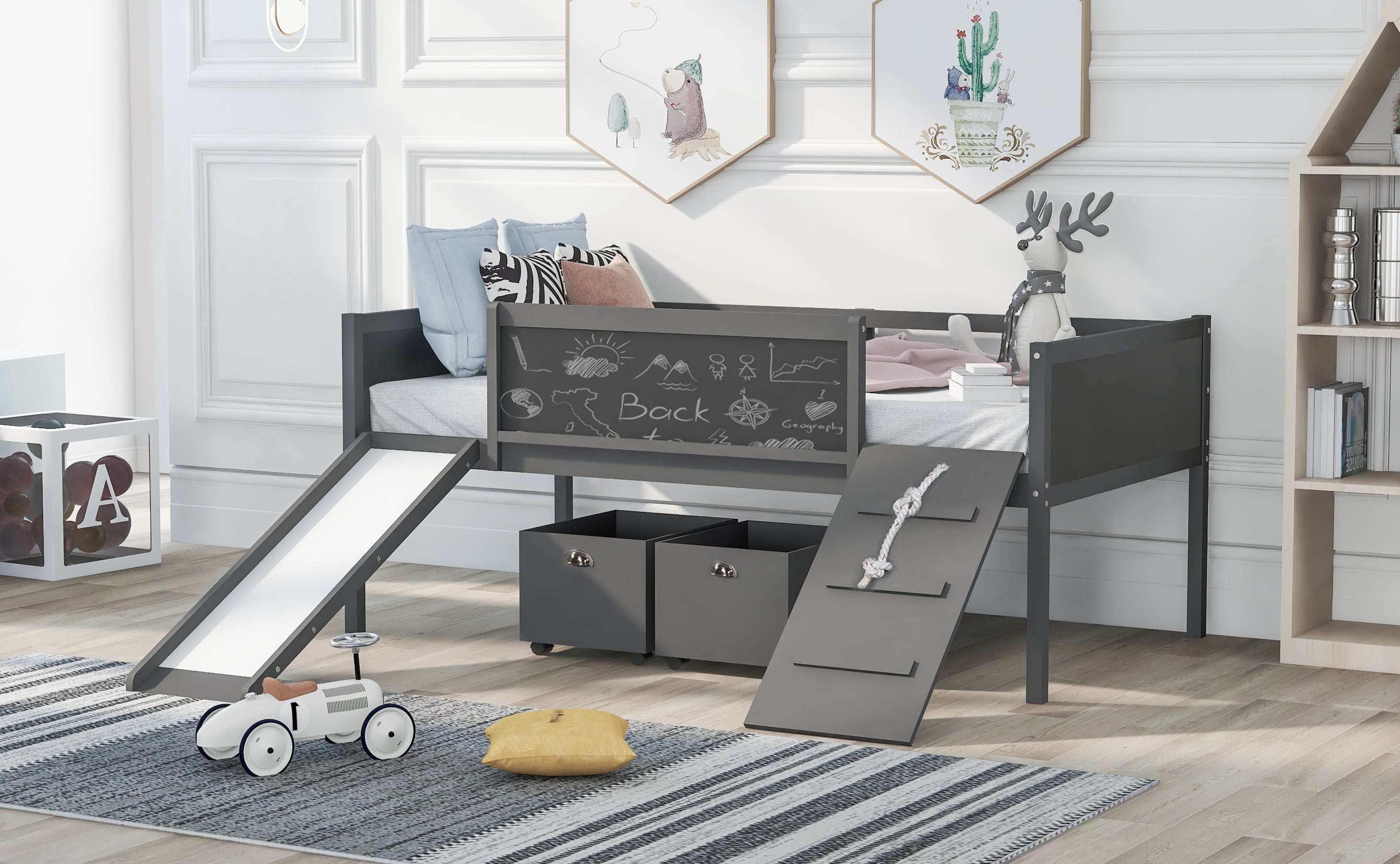 Twin size Loft Bed Wood Bed with Two Storage Boxes - Gray( old sku: LP000075AAE )