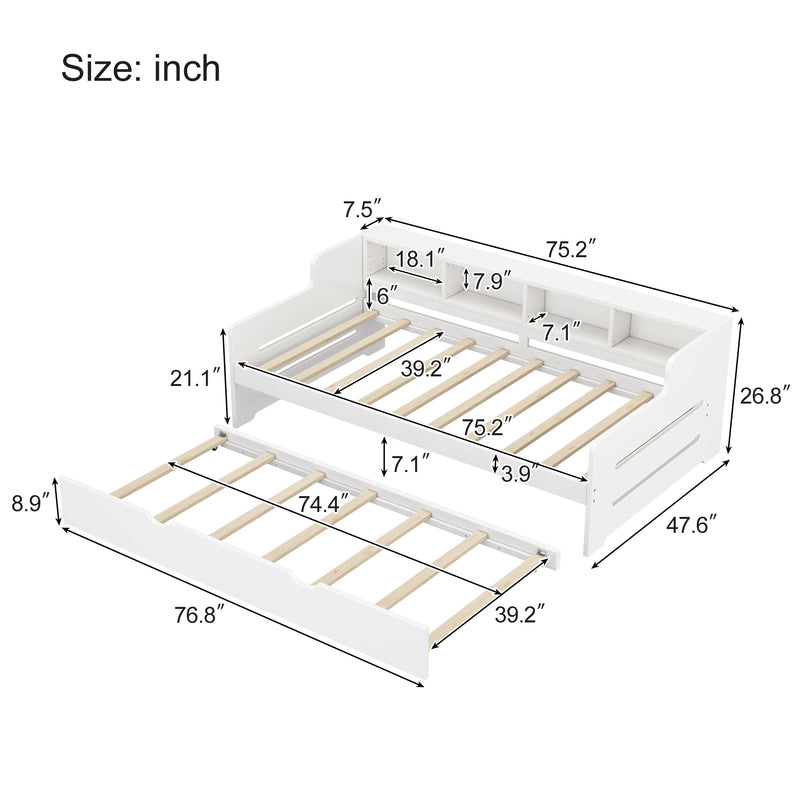 Twin Size Wooden Day Bed with Trundle for Guest Room, Small Bedroom, Study Room, White