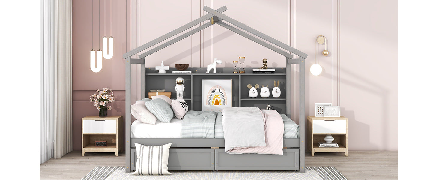 Full Size House Bed with Storage Shelves and 2 Drawers, Brushed Gray - Atlantic Fine Furniture Melbourne FL