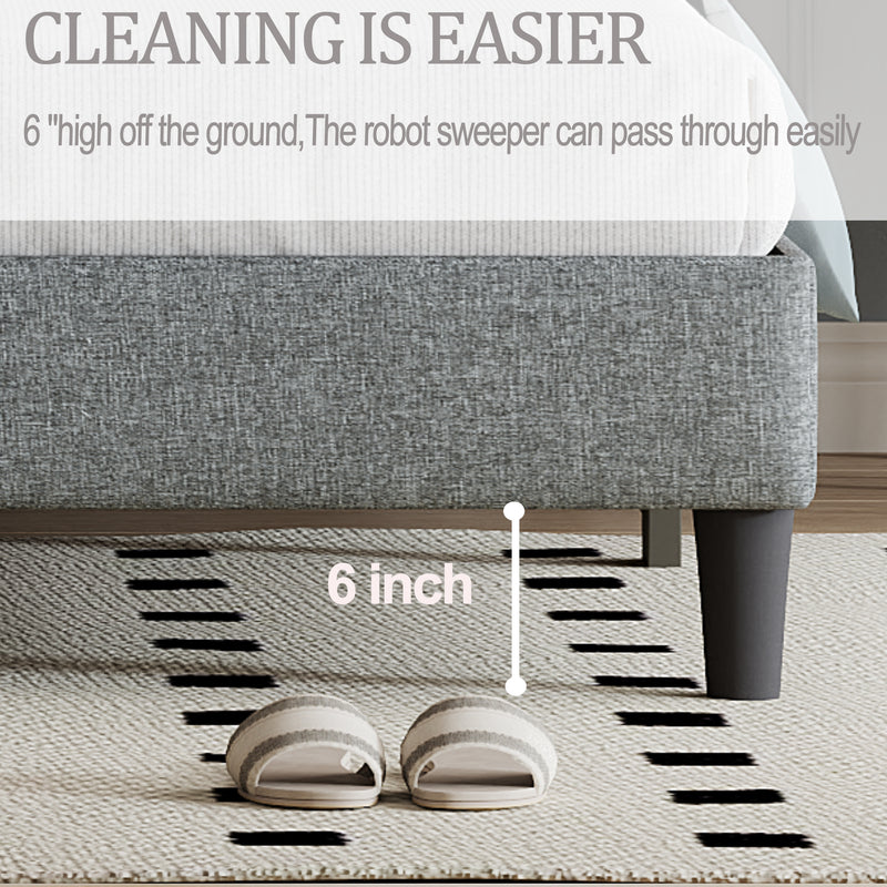 King size Panel Bed Frame with Adjustable Button-Tufted Headboard for Bedroom/Linen Upholstered/Wood Slat Support/Easy Assembly,Light Grey