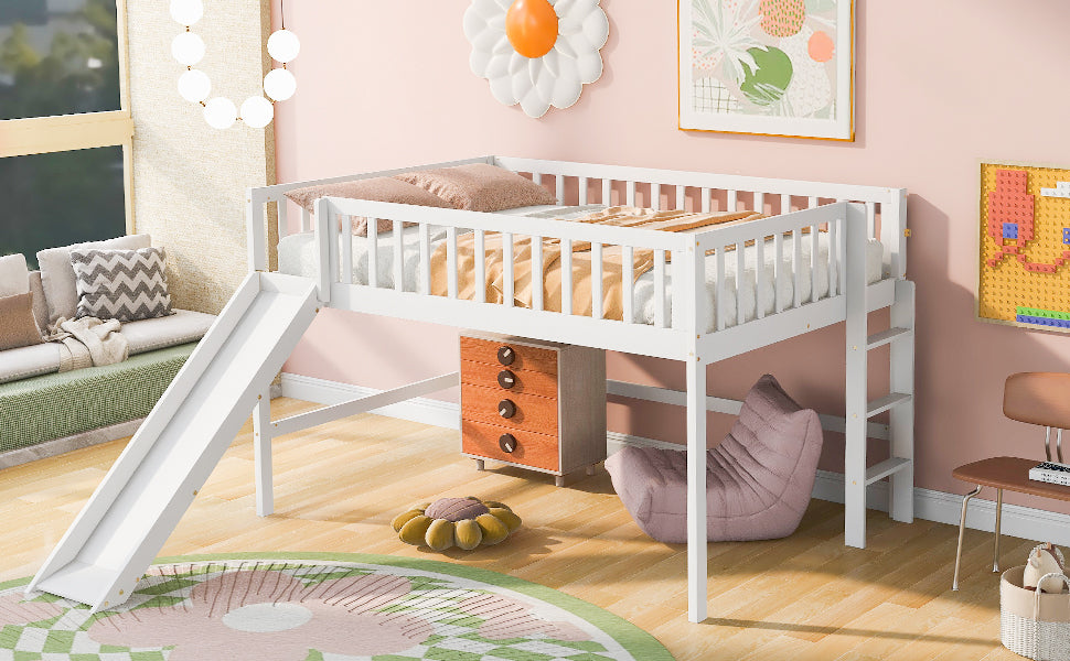 Full Size Low Loft Bed with Ladder and Slide,White - Atlantic Fine Furniture Melbourne FL
