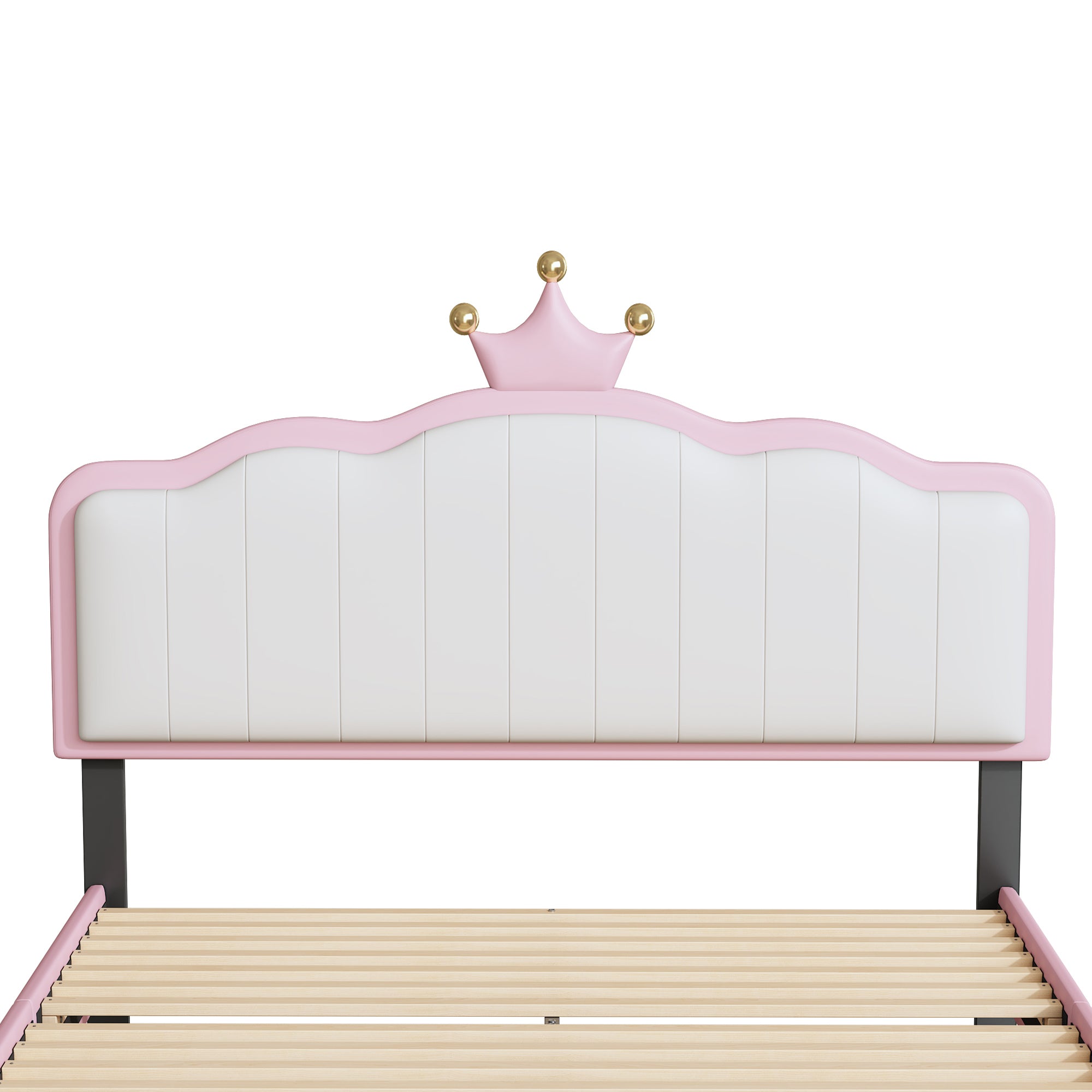 Full size Upholstered Princess Bed With Crown Headboard,Full Size Platform Bed with Headboard and Footboard with Light Strips,Golden Metal Legs, White+Pink - Atlantic Fine Furniture Melbourne FL