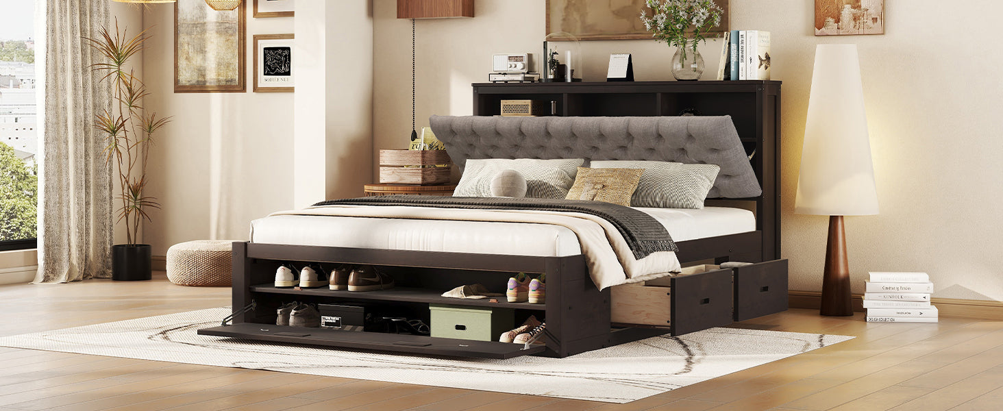 Wood Queen Size Platform Bed with Storage Headboard, shoe rack and 4 drawers,Espresso - Atlantic Fine Furniture Melbourne FL