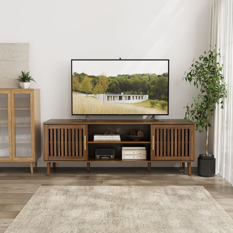 TV Stand With 2 Grille Door Cabinets And Adjustable Storage Rack, Suitable For Medieval Modern TV Cabinets, Entertainment Center With Storage Space - Walnut Wood