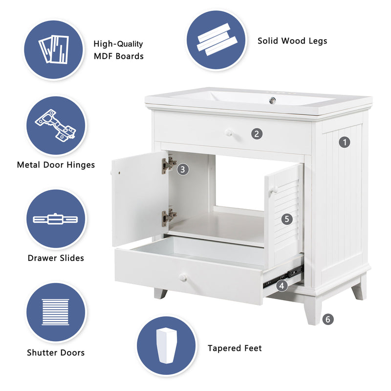 Bathroom Vanity With Sink, Bathroom Cabinet With Two Doors And One Drawer, White