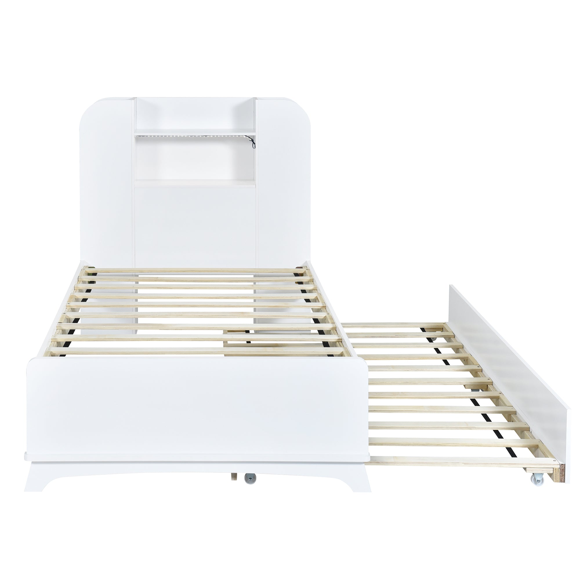 Twin Size Storage Platform Bed Frame with with Trundle and Light Strip Design in Headboard,White - Atlantic Fine Furniture Melbourne FL