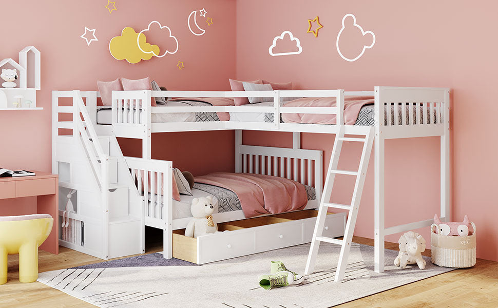 Twin over Full L-Shaped Bunk Bed With 3 Drawers, Ladder and Staircase - White - Atlantic Fine Furniture Melbourne FL