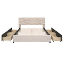 Queen Size Upholstered Platform Bed with Brick Pattern Headboard and 4 Drawers, Linen Fabric, Beige