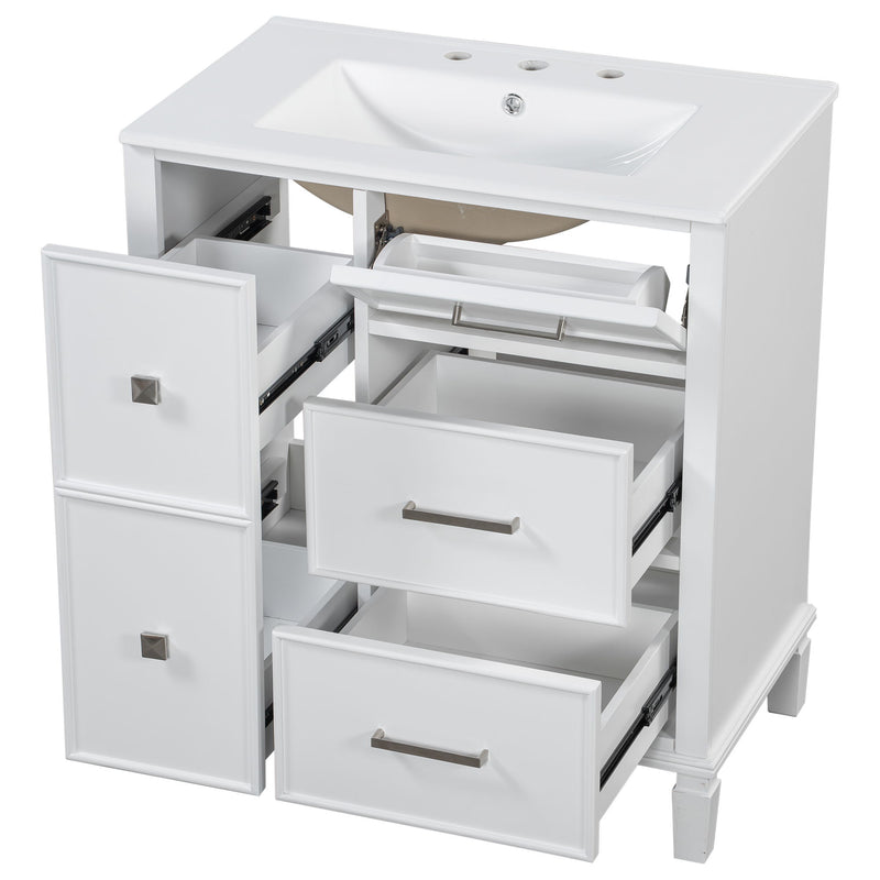 Bathroom Vanity With Ceramic Sink, Flip Out Drawer Design For Plumbing, Soft Close Drawers