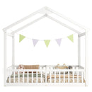Double Twin House-Style Floor Bed with Fence, Guardrails, without door, White