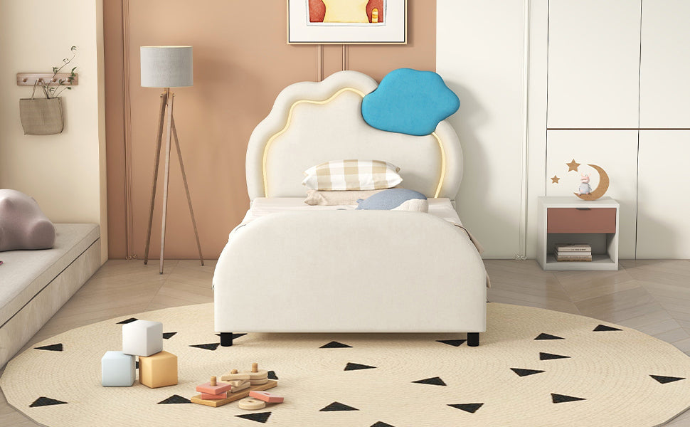 Twin Size Upholstered Platform Bed with Cloud-Shaped Headboard and Embedded Light Stripe, Velvet, Beige - Atlantic Fine Furniture Melbourne FL