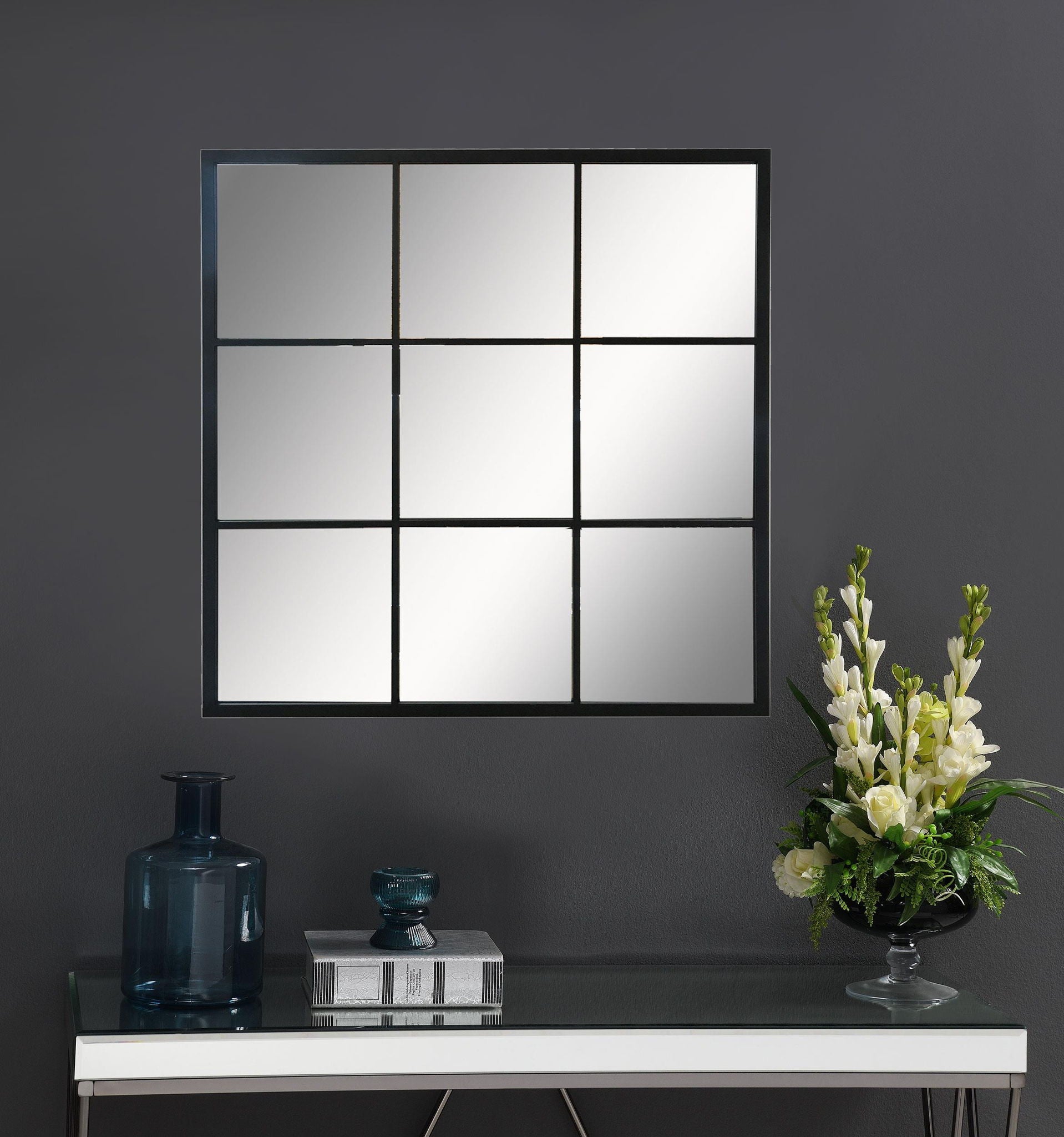 Quetzal 35 x 35 Inch Square Window Pane Wall Mirror Black